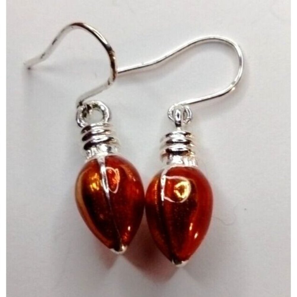 Silver Red  Christmas Tree Light Bulb Earrings Metal Enamel Shiny